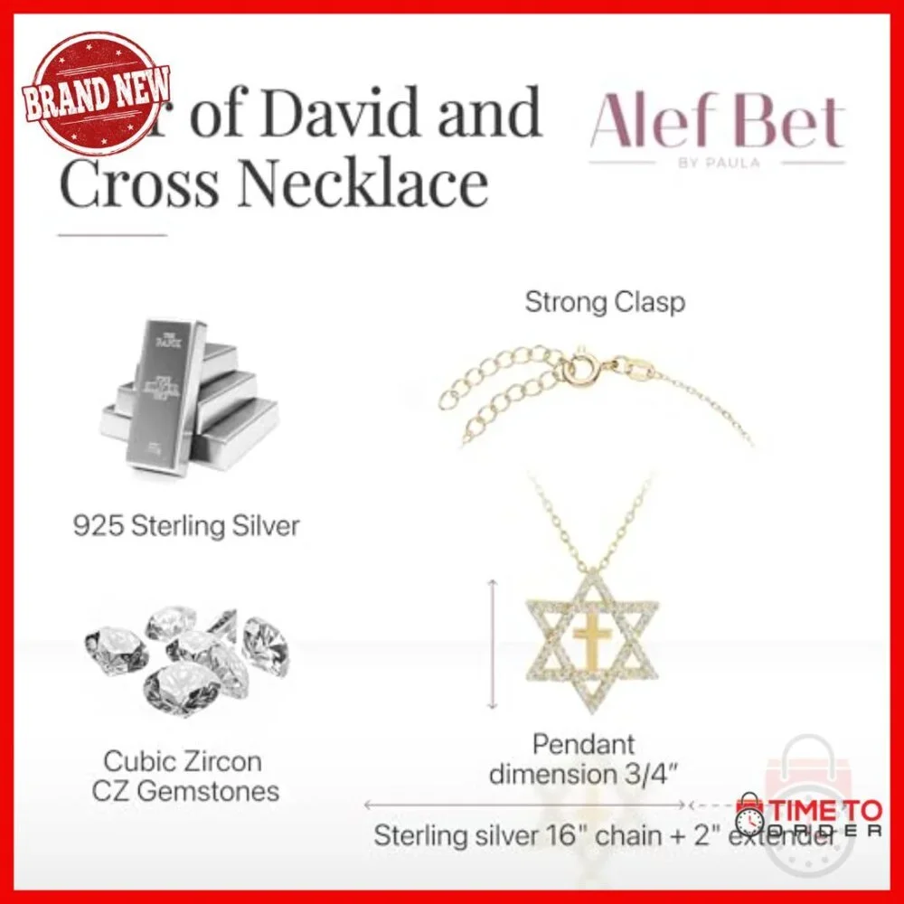 Sterling Silver Star of David Cross Pendant Necklace 16 Inch Chain